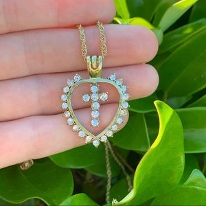 Vintage Gold Rhinestone Religious Faith Cross Necklace Heart